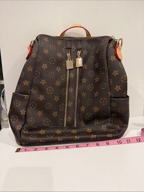Monogram Pattern Brown Backpack with Gold Hardware